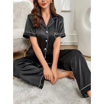 Damen-Pyjama-Set aus seidigem Satin, Herz-Stickerei, Brusttasche, kurzärmeliges Revershemd und Hose, ideal für Zuhause, Freizeit, Entspannung