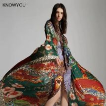 Neue große Größe Kimono Frauen Luxus Print Beachwear Cover Up Urlaub Tunika Kleid böhmischen Stil Fledermausärmel Maxi Kleider