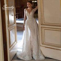 Luxuriöses abnehmbares 2-in-1-Hochzeitskleid mit bestickter Spitze auf Netz und Meerjungfrau-O-Ausschnitt, volle Ärmel, Braut, individuell gestaltet, Vestido De Novia