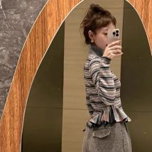 Vintage Gestreifte Strickjacke Frauen Herbst Winter Rüschen Langarm Pullover Slim Fit Hottie Streetwear Stehkragen Neue Tops