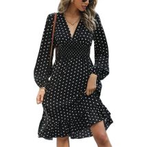 Frühling Herbst Punkte Drucken Elastische Taille Kleider Frauen Mode V-ausschnitt Langarm Kleid Weibliche Büro Pendler Casual A-line Kleid