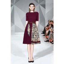 Retro Knee Length Slim Fit Lace Up Elegant High Waisted Pleated Versatile Knit Dress with Medium To Long Sleeves To Choose From