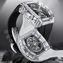 BONEST GATTI Herren Automatikuhr Tourbillon Tonneau Mechanische Armbanduhr Acrylgehäuse Saphirspiegel Lume Fluorkautschukarmband