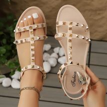 Plus-Size-Sandalen 2025, Damen-Sommermode, Nieten, Gladiator-Sandalen, Joker, lässige flache Sandalen, leichte Strandschuhe