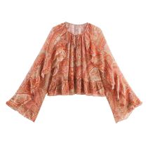 Europäischer und amerikanischer Stil 2025, Herbst, neues Damen-Top, lässig, Rundhalsausschnitt, Paisley-Druck, Trompetenärmel, gerüscht, lockeres Oberteil