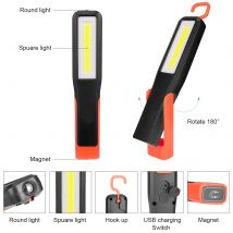 Wiederaufladbare LED-COB-Arbeitsleuchte, Magnetfuß, drehbarer Haken, USB-Aufladung, tragbare Taschenlampe, Camping, Angeln, Notfall im Freien