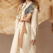 Floral stitching fake two-piece strap dress female early autumn new high-grade Van Gogh temperament waist slim shirt long skirt