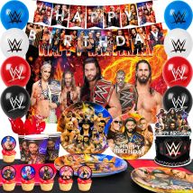112 pezzi di forniture per feste di compleanno per wrestling, feste per confezioni di scatole, incluse piatti, topper per torte, banner, festa di compleanno aziendale