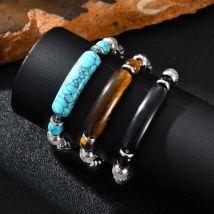 Trendy Natural Tiger Eye Stone Turquoise Bracelet for Men, Stainless Steel Adjustable Wristband, Punk Fashion Jewelry Gift