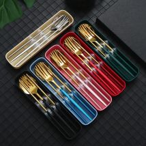 4Pcs Gold Tragbare Geschirr Besteck Set Mit Box Löffel Gabel Stäbchen Set Edelstahl Mittagessen Geschirr Küche Zubehör
