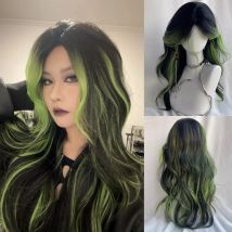 Synthetische lange gewellte schwarze Ombre-Grün-Lagenperücke, Mittelteil, flauschige Damen-Lolita-Cosplay-Perücke für die tägliche Party