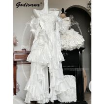 Neues feenhaftes weißes Prinzessinnenkleid, Lolita, süßes Mädchen, Damen, trägerlos, schulterfrei, große Schleife, langes Maxi-Party-Abendkleid