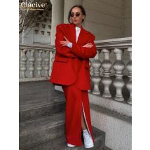 Clacive Fashion Loose Red Office Women's Two Pieces Set Elegant Long Sleeve Blazer With High Waist Slit Long Skirt Set Female