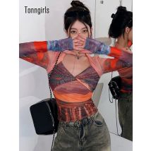 Tonngirls y2k Mesh Tops Grunge ästhetischen Druck T-Shirt Frauen japanische Krawatte Dye T-Shirts Fairycore T-Shirts durch T-Shirts sehen