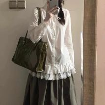 Weiß Spitze Patchwork Hemd Frauen Frühling Chic Süße Langarm Tops Koreanische Mode Adrette Lose Drehen Unten Kragen Bluse