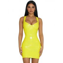 Ärmelloses Wet-Look-PVC-Vestido mit tiefem V-Ausschnitt, glänzendes PU-Leder, heißes Kleid, enges Paket, Hüfte, Minifalda, sexy Clubwear, Leibchen-Kleider