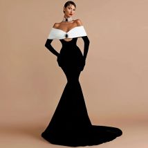 Kontrastfarbenes Kristall-Meerjungfrau-Abendkleid, schulterfreies Ballkleid, maßgeschneiderte luxuriöse Promi-Kleider mit Hofzug