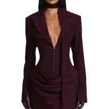 Burgundy Women Suit 1 Piece Blazer With Scarf Sexy V Neck Ruffles Hem Short Mini Party Gown Formal Office Lady Jacket Coat