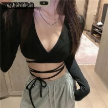 Frauen Crop Top Sommer Langarm Korsett Y2k Tops Koreanische Tanktop Nabel Krawatte Dünne Schwarze T-Shirt Damen Boho Gothic Sexy Kleidung