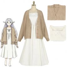 Anime Frieren Beyond Journey's End Frieren Cosplay Costume Wig Sweater Coat Dress Elf Ears Earrings Halloween Party Women Props