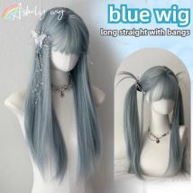 Blaue Perücke mit Pony langes glattes Haar Perücke für Frauen 26 Zoll synthetische Perücken hoch temperatur beständige Fasern Cosplay Stirnband 가발