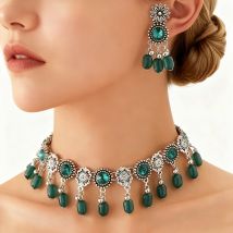 Vintage New Green Crystal Bead Tassel Jewelry Set Bride's Wedding Classic Silver Color Flower Choker Necklaces Fashion Jewelry
