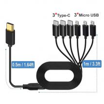 Cavo sdoppiatore PD da 1 a 6 tipo C/micro USB Cavo multi USB 3 in 1 Cavo di ricarica rapida per lettore MP3 del telefono e dispositivi intelligenti USB-C
