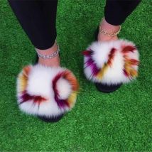 Frauen Sommer Echt Fox Fell Hausschuhe Bunte Echtpelz Hausschuhe Flachen Boden Anti Slip Pelz Damen Schuhe Outdoor Designer Schuhe