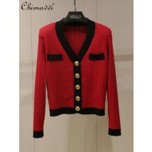 High-end-Mode OL Strickjacke Frauen Frühling Herbst Neue Kurze Kontrast Farbe V-ausschnitt Gold Schnalle Langarm Rot pullover
