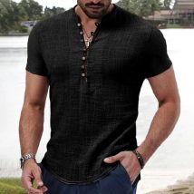 Herren Leinen Baumwolle Kurzarm T-Shirt einfarbig V-Ausschnitt Knopf Tops männliche Freizeit kleidung trend ige Daily wear leichte T-Shirts