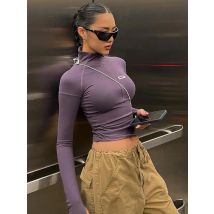 Hugcitar 2024 Herbst Frauen Zipper Langarm Bodycon T Shirt Fitness Crop Top Streetwear Y2K Kleidung Outfits Sexy Koreanische