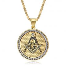 Hip Hop vereist bling Freimaurer Symbol Anhänger männlich Gold Farbe Edelstahl Maurer runde Halskette für Männer Modeschmuck Geschenk