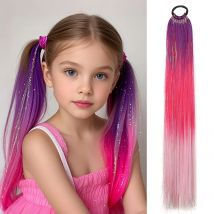 Lila, rot, rosa Lametta-Pferdeschwanzverlängerung mit elastischem Haargummi, synthetisches Flechthaar für Kinder und Mädchen, verrücktes Haar, Tag, mutiges Haar