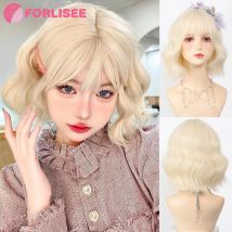 Blonde kurze lockige Bob-Synthetik-Perücken mit Pony, Weißgold, Lolita-Cosplay-Perücken für Frauen, tägliche Party, Cosplay, hitzebeständig