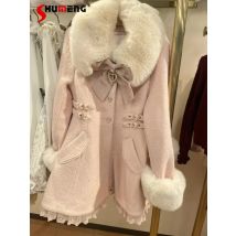 Japanische Mine Stil Süße Pelz Kragen Bogen Liebe Schnalle einreiher Spitze Spleißen A-linie Lange Woolen Jacken Mantel Frauen winter