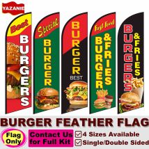 Benutzerdefinierte Burger Fries Federflagge, ein-/doppelseitiges Außenwerbebanner für Restaurants, windlose Flagge für Unternehmen