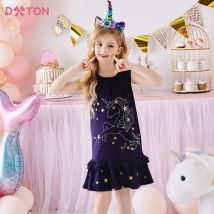 Dxton Sommer Mädchen ärmelloses Kleid Einhorn Stern druck Baumwolle Kinder Kleid Mädchen Rüschen Kleider Kinder lässig Prinzessin Kleidung