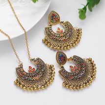 Ethnic Multicolor Crystal Geometric Tassel Earrings Set Women Retro Gold Plated Beads Pendant Jewelry Sets Bride Wedding Bijoux