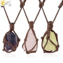 CSJA Heilkristalle Halskette Stein Edelstein Naturstein Anhänger Seil Wrap Halskette für Frauen Amethysten Rosenkristall Quarz G317