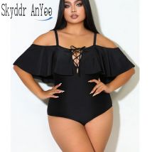Plus Size einteiligen Frauen Badeanzug von der Schulter Rüschen Kordel zug Bauch Kontrolle Badeanzug sexy kurvige Push-up-Bade bekleidung