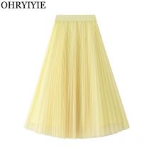 Ohryiyie gelb lange Maxi Tüll Rock Sommer Frauen Mode elegante Falten röcke Damen Solid Mesh Boho süß eine Linie Rock Dame