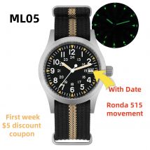2025 Militado ML05 38 mm Herrenuhr Ronda 515 Quarzwerk Uhr Kuppel Saphir Hohe Transparenz AR-beschichtete Nachtlichtuhr