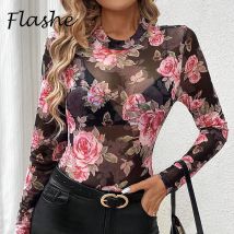 Elegante Mesh-Shirt Frauen Frühling Herbst O Neck Blume Gedruckt T Shirts Frau Sexy Schlank Harajuku T-Shirts Y2K Tops T