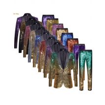 Men's Green-Gold Two-Piece Suit Set: Jacket with Circular Metallic Sequins Paired with Trousers.Wedding/Party/Performance Attire