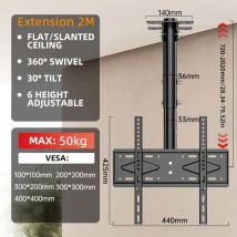 Supporto TV da soffitto Staffa TV a movimento completo per la maggior parte dei televisori/monitor curvi piatti da 32-65" Supporto TV sospeso regolabile in altezza con inclinazione girevole