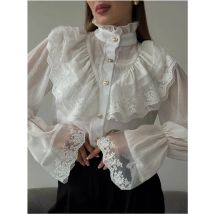 Elegantes Chiffon-Hemd im französischen Hofstil für Damen, Stehkragen, Spitzenbesatz, Rüschen, lange Ärmel, luftiges Gaze-Top, lässige Frühlingsbluse