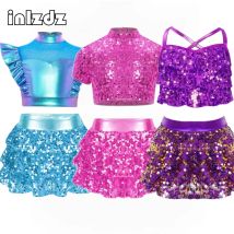 Kids Girl Jazz Hip-Hop Dance Outfit Cheerleading Performance Set Rhinestone Metallic Crop Top+Shiny Sequins Culottes 2-piece Set