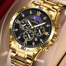 2024 neue Herrenuhr Gold Zifferblatt multifunktionale Quarzwerk Edelstahl Wasserdicht Timing Männer Business Uhr Reloj Hombre