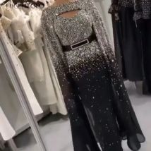 Party kleid Frauen elegante Pailletten Frühling Herbst Stickerei sexy Umhang Ärmel Damen Abendessen große Schaukel lange lugentolo