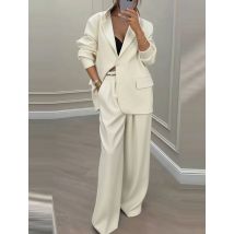 Temperament frauen Hosen Anzug Lose Einfarbig Herbst Winter Pendeln Lange ärmeln Revers Top Breite bein Hosen zwei-stück Set